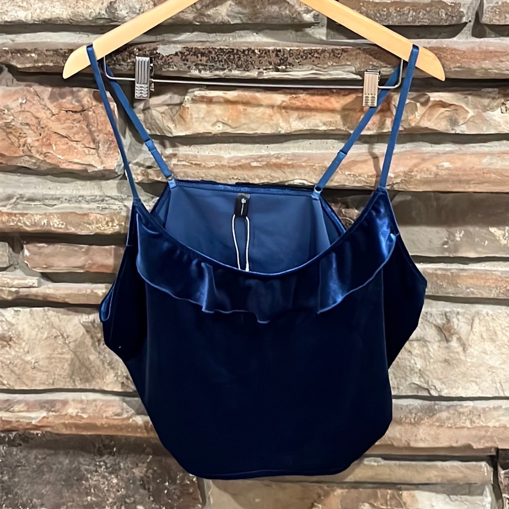 Mentionables Navy Blue Velvet Ruffle Camisole Cropped Top